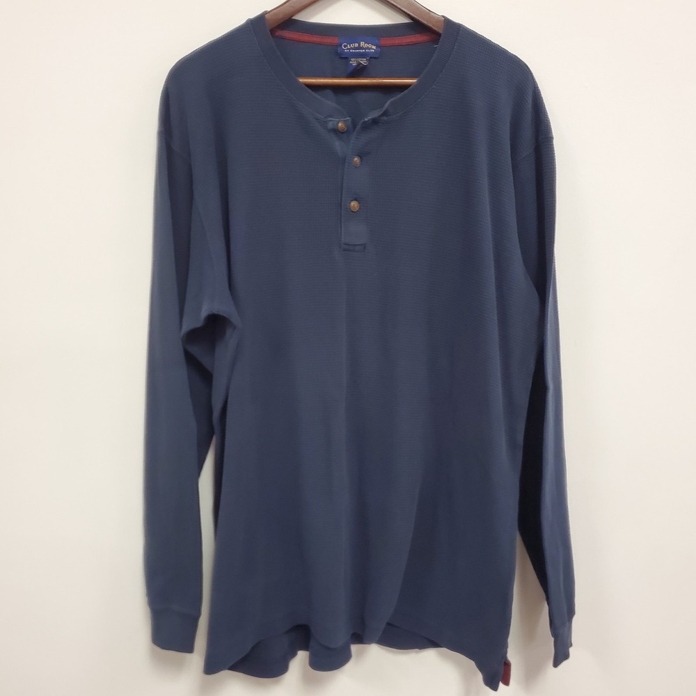 VTG Club Room Charter Club Mens‎ Y2K Waffle Thermal Henley Shirt Size XL Blue